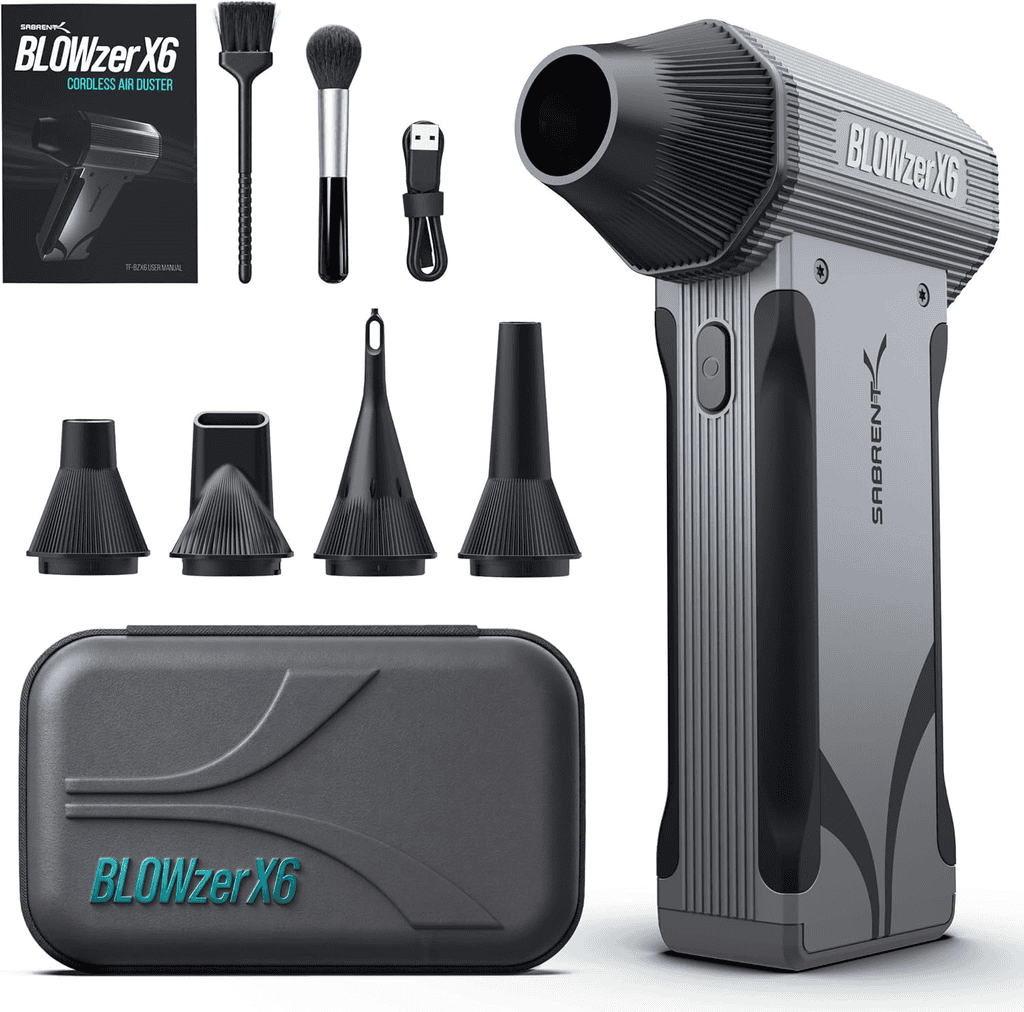 Sabrent Blowzer X6 handheld air duster pictured with nozzle attachments and a carrying case.