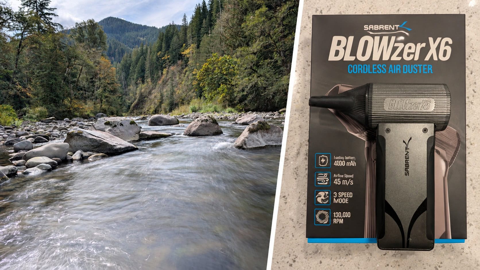 Collage of a rocky river through an Oregon forest beside a Sabrent Blowzer X6 air duster resting on its packaging.