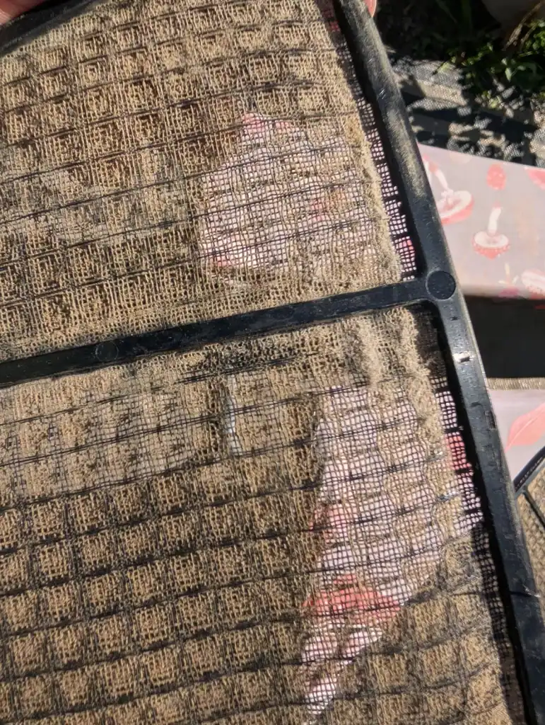 Close-up of thick dust buildup on a removable mesh filter in a black frame.